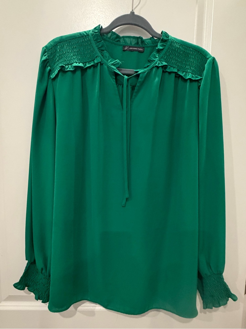 Adrianna Papell Emerald Green Smocked Yoke Tie-Neck Blouse